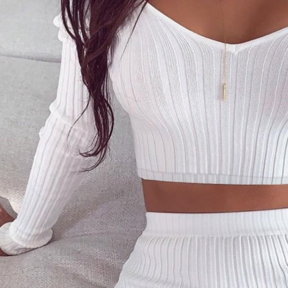 White Solid Ribbed Crop Top & Mini Skirt Set - Picture 3 of 6